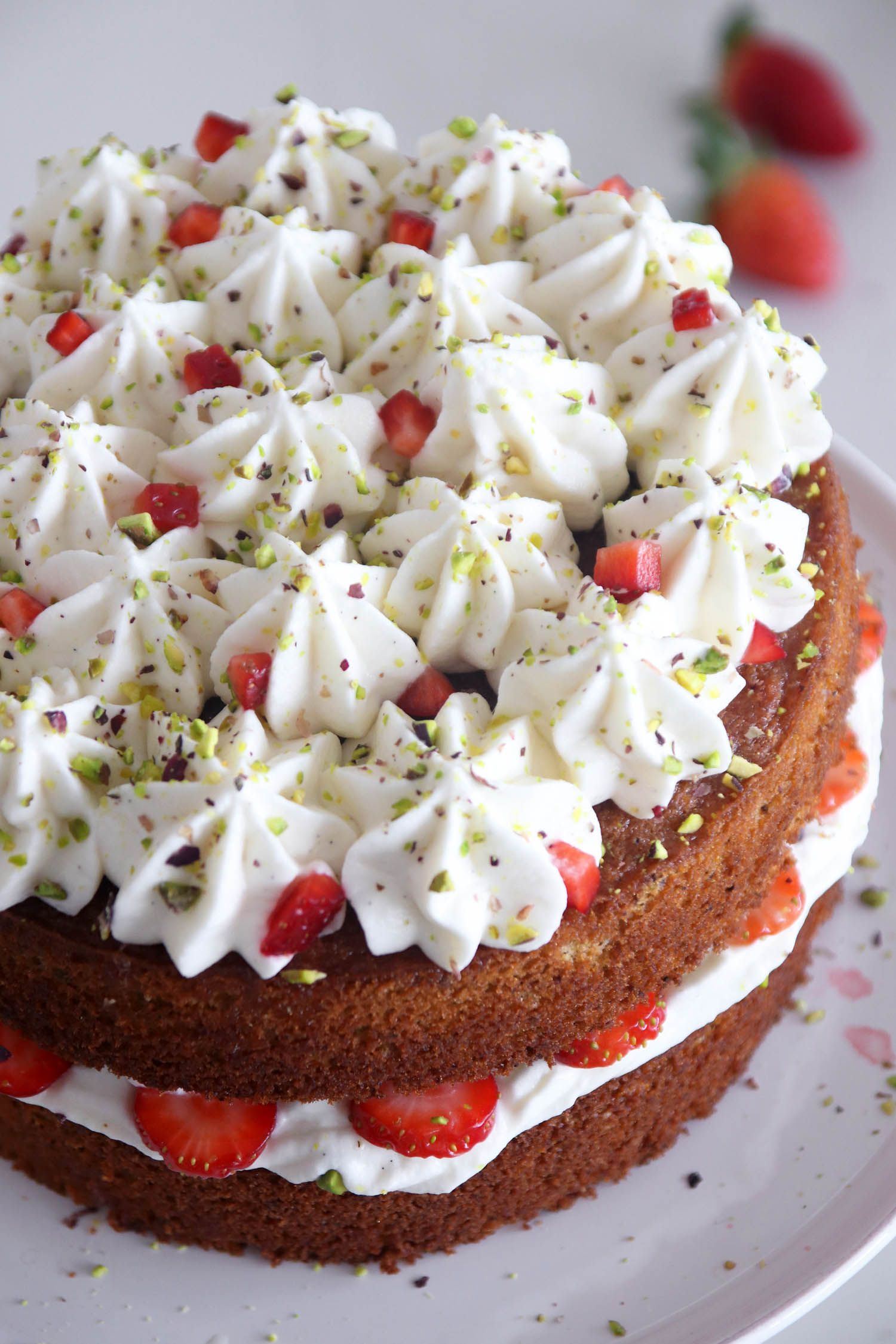 Pistachio Cake with Mascarpone Cream and Strawberries