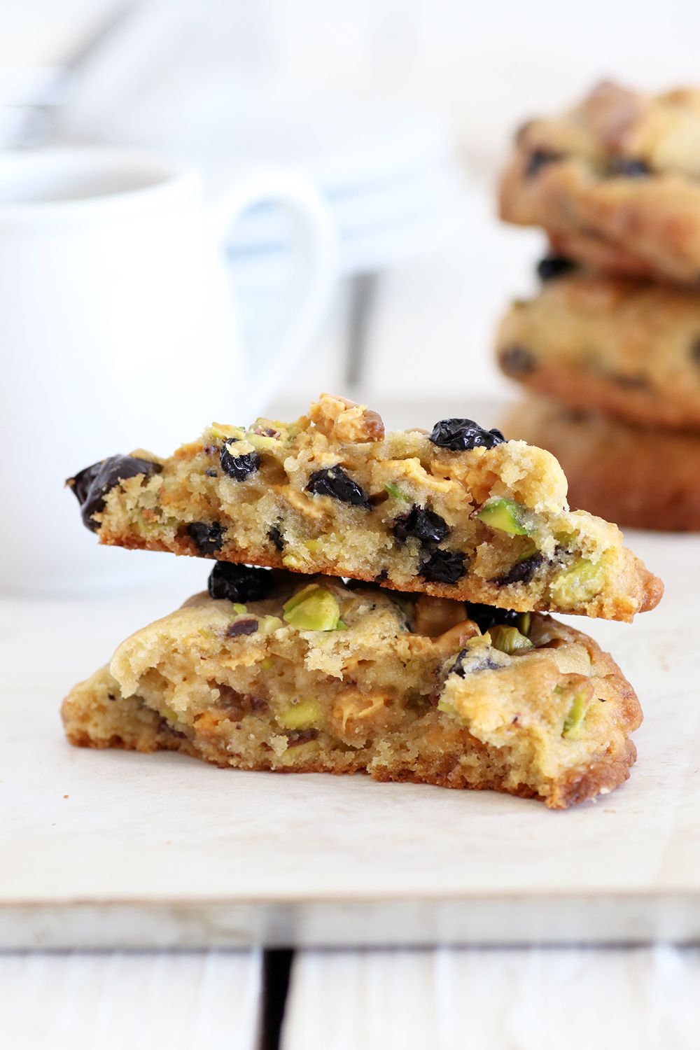 Caramelized White Chocolate Cookies with Pistachios and Blueberries