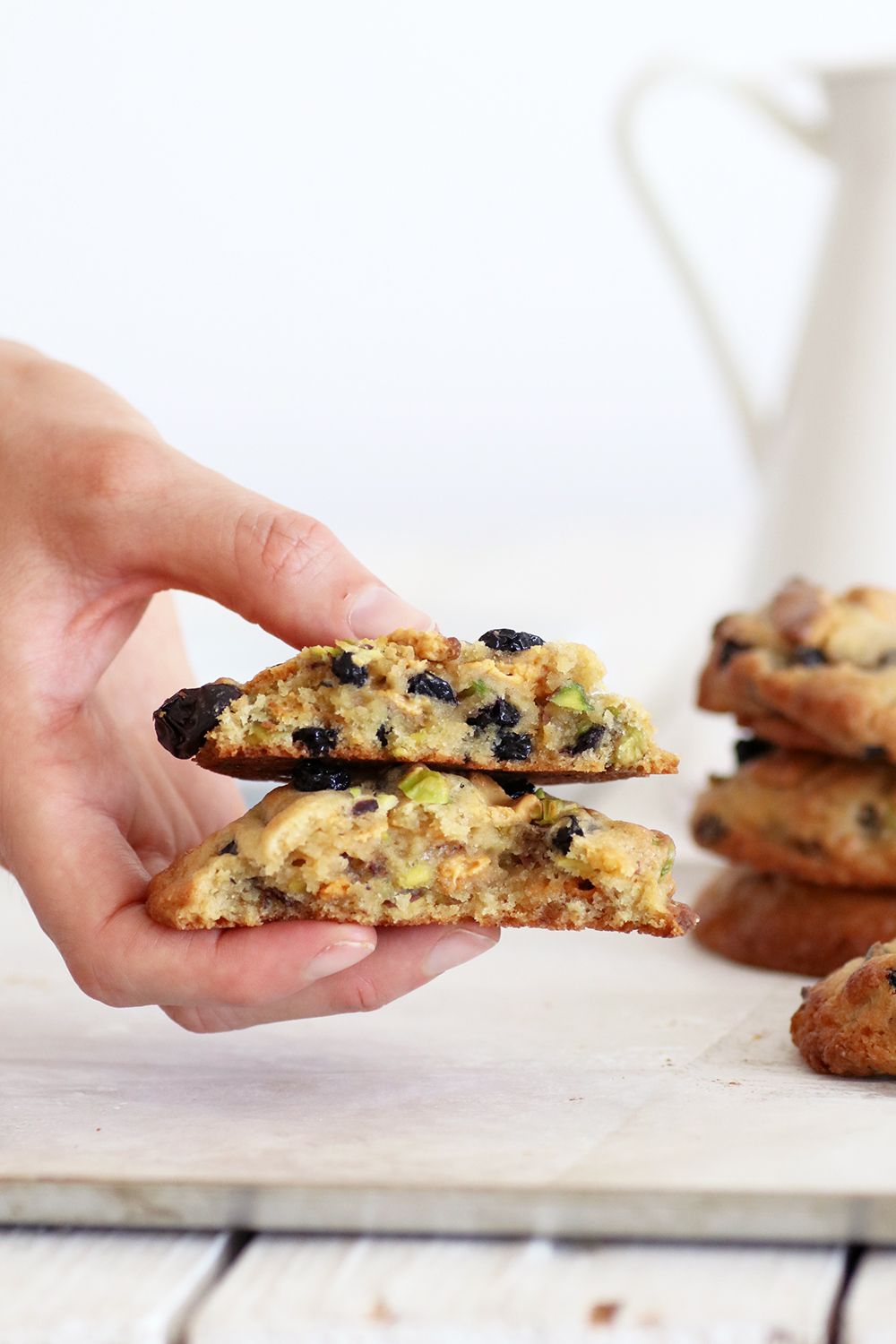 Caramelized White Chocolate Cookies with Pistachios and Blueberries